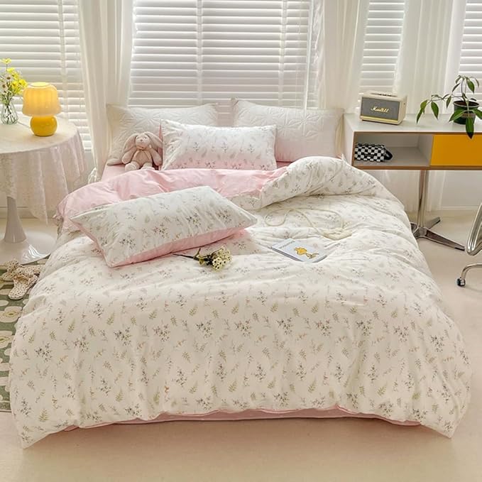 Nayoroom Pink Floral Duvet Cover Full Size Green Botanical Leaf Printed on White Reversible Coquette Bedding Set 3 Pcs Soft Microfiber Spring Cottagecore Comforter Cover with Zipper Closure
