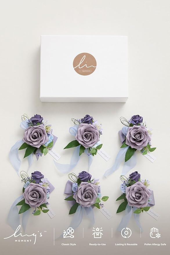 Ling's moment 6pcs Homecoming Wedding Wrist Corsage Artificial Flowers, Girl/Mother Prom Corsages Wristlet Décor, etc. Purple