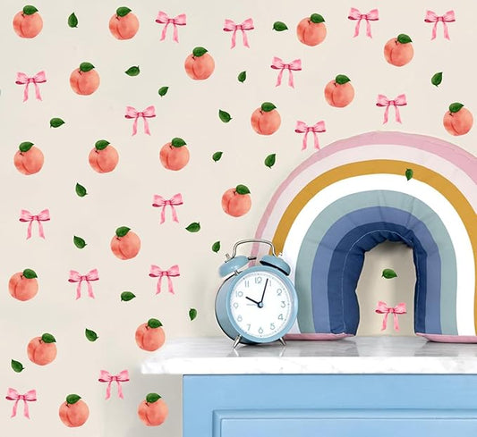 Watercolor Peach Wall Stickers, Peach with Pink Bow Vinyl Wall Decals, Removable Summer Fruit Wall Art for Girls Bedroom Kitchen Toddler Room Decor