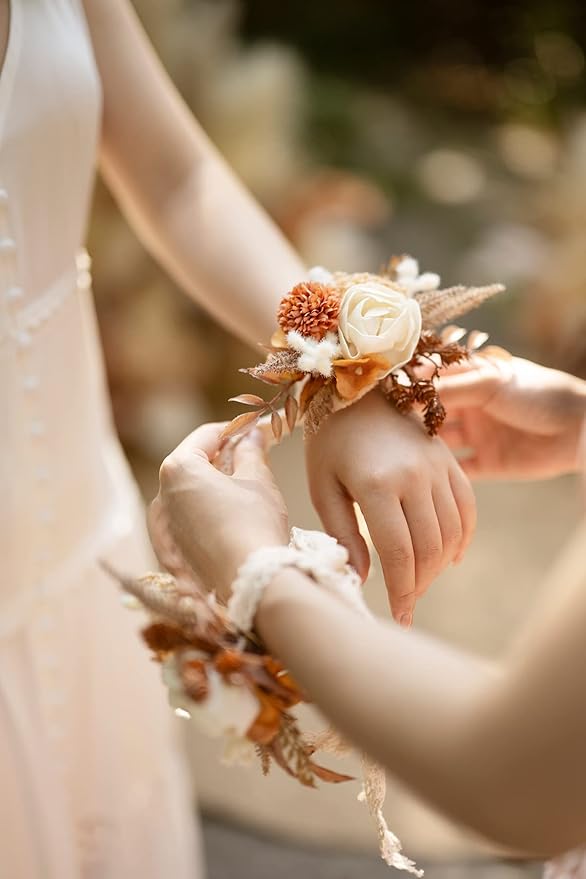 Ling's moment 6pcs Wedding Wrist Corsage Artificial Flowers, Girl/Mother Homecoming Prom Corsages Wristlet Décor, etc. Boho Dried Rustic