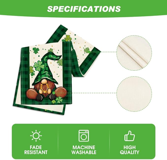 Artoid Mode Shamrock Buffalo Plaid Gnomes Lucky St. Patrick's Day Table Runner, Kitchen Dining Table Decor for Outdoor Home Party Decor 13 x 72 Inch