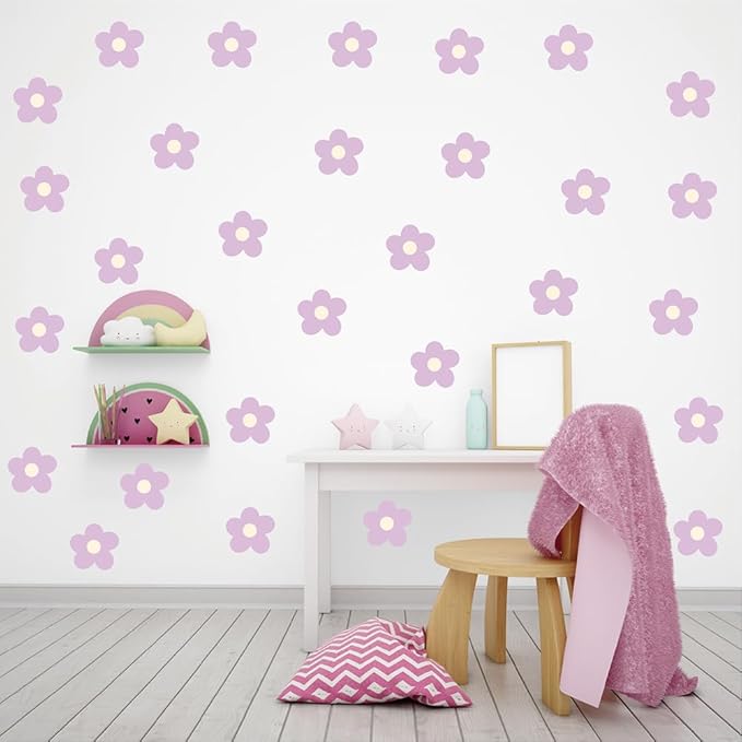 Daisy Flowers Wall Stickers – 180 Pcs Peel & Stick Removable Waterproof Vinyl Floral Wall Art Decals for Bedroom, Nursery & Playroom | A Simple Peel Brings Cheerful Pastel Charm (Soft Purple)