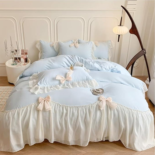 Chic Lace Bedding,Girls Twin Aesthetic Comforter Cover Set,Romantic French Princess Style Ruffled Duvet Cover with Lovely Bow with Zipper Closure-Blue,Twin