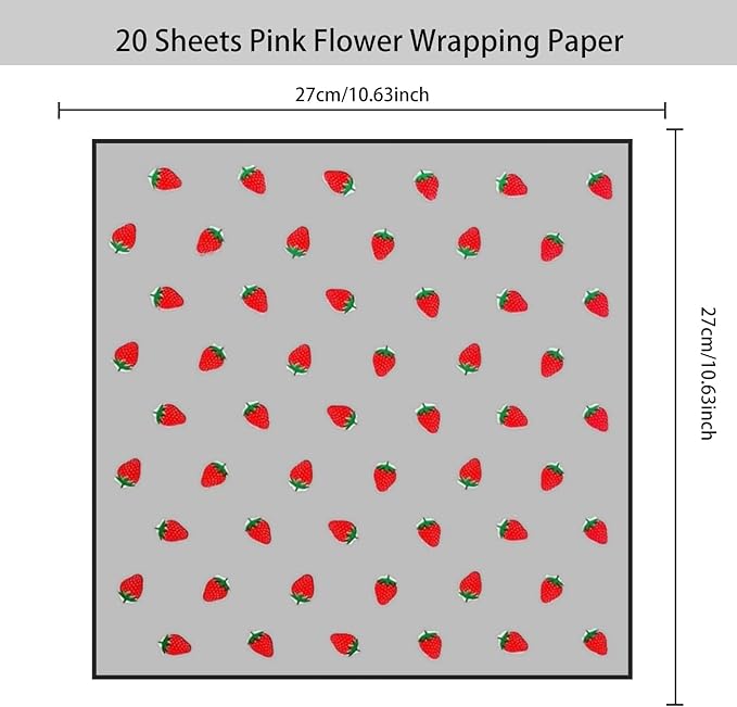 HLTOO 20 Sheets Flower Wrapping Paper, Bouquet Floral Packaging Paper with Strawberry Pattern, for Wedding, Party, Mother's Day, Birthday, and DIY Craft Florist Supplies (BlackBlack)