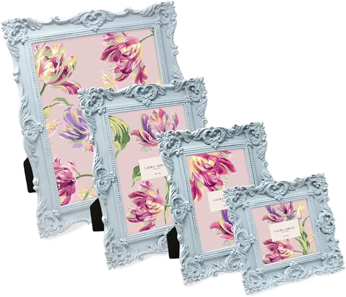 Laura Ashley 4x6 Powder Blue Ornate Textured Hand-Crafted Resin Picture Frame w/Easel & Hook for Tabletop & Wall Display, Decorative Floral Design Home Décor, Photo Gallery, Art (4x6, Powder Blue)