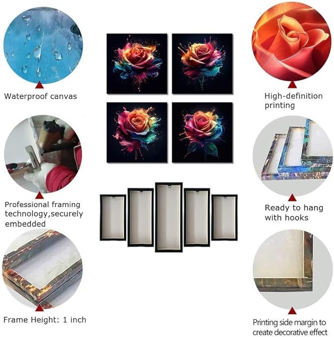 Pankila Colorful Rose Wall Art Rose Floral Pictures Canvas Prints Abstract Rose Flower Wall Decor for Living Room Bedroom Bathroom Home Decorations Framed Artwork (24''W x 24''H x 4)