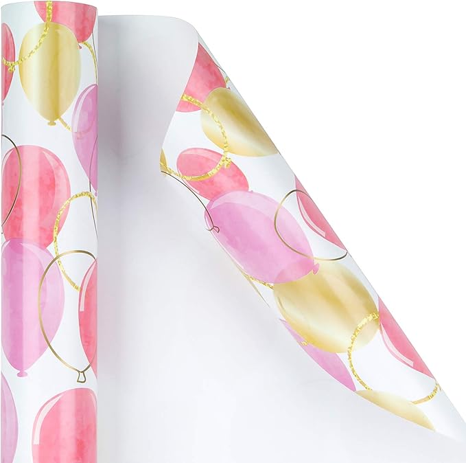 WRAPAHOLIC 30 Inch Wrapping Paper Roll - Pink Purple Gold Print Celebrating Balloon Design for Birthday, Holiday, Wedding, Baby Shower Wrap - 30 inch x 33 feet