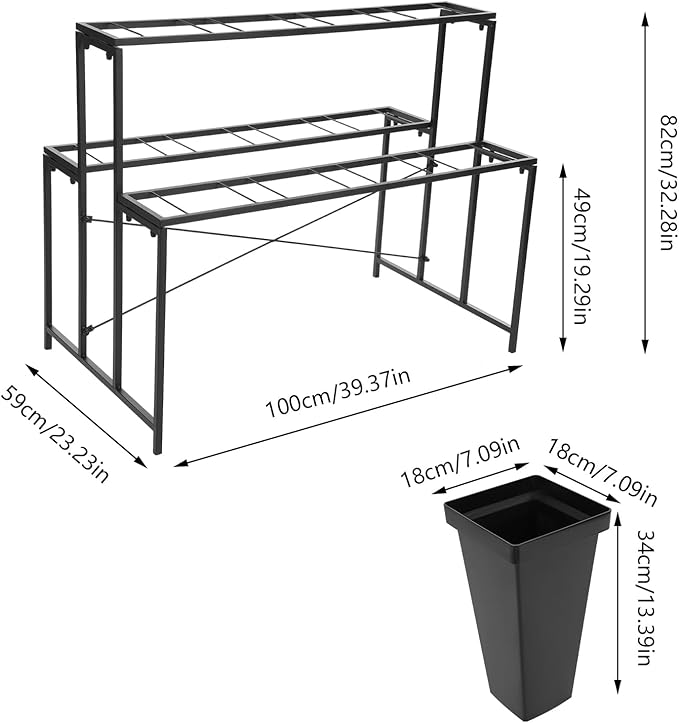 Flower Display Stand with 12 Pcs Buckets 3 Layers Metal Plant Stand Plant Cart Shelf Flower Bucket Rack Stand for Indoor Florist Garden Patio (Black Stand-Black Square Buckets)