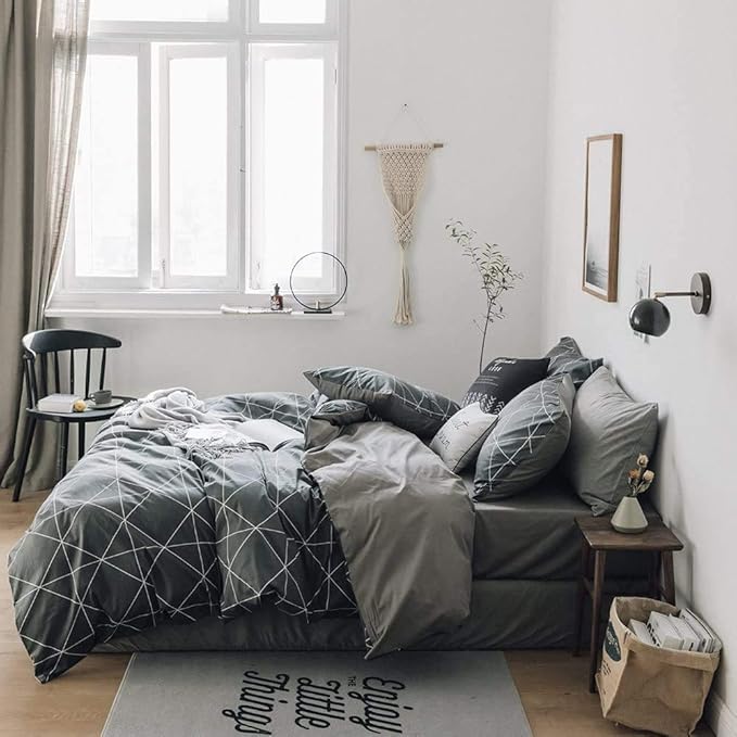 LifeTB Grey Plaid Comforter Set Twin XL Geometric Plaid Bedding Comforter Set 3 Pieces Plaid Grid Comforter with 2 Pillowcases Fluffy Soft Checkered Pattern Comforter Set for All Season Twin XL Size