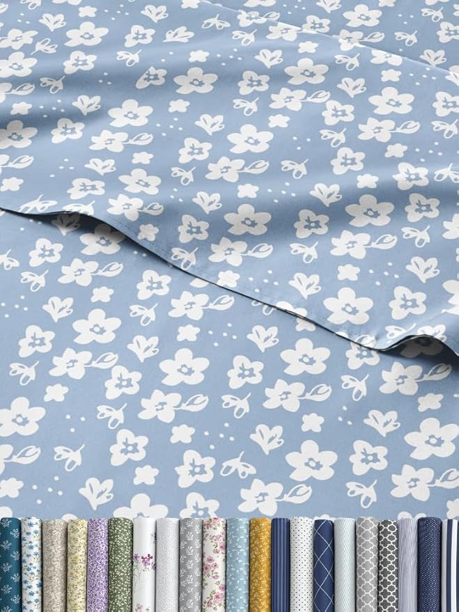 Floral Sheets - Blue Floral Bed Sheet Set - 1 Flat, 1 Fitted & 1 Pillowcase w/ Deep Pockets - Comfy, Wrinkle & Fade Free - Boho Botanical Bedding - Ultra-Soft, Breathable and Cooling - Twin Size Set