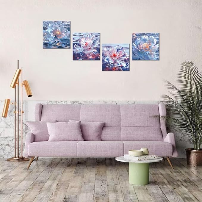 Pankila Abstract Canvas Flowers Wall Art Floral Poster White Red Flower Wall Decor Life Pictures for Living Room Bedroom Bathroom Home Decorations Framed Artwork Ready to Hang (12''W x 12''H x 4)