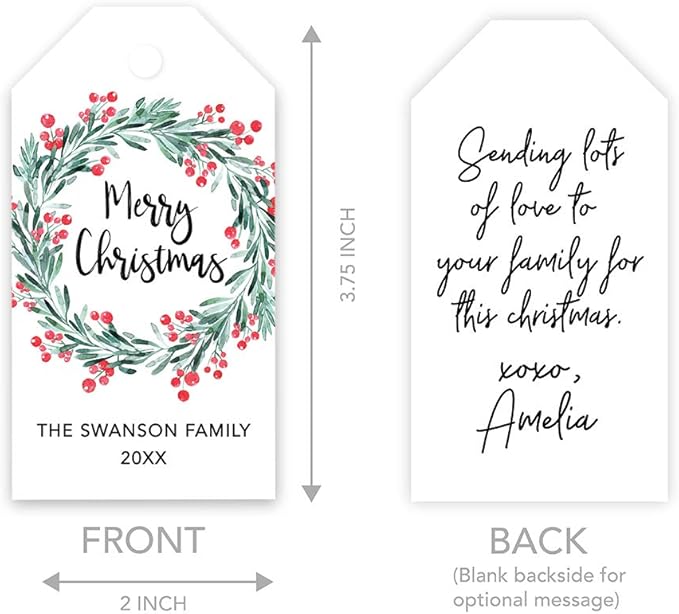 Andaz Press Personalized Christmas Holiday Season Classic Gift Tags, Merry Christmas Custom Family Name and Year, Holly Wreath Design, for Holiday Events, Parties, and Favors, 60-Pack
