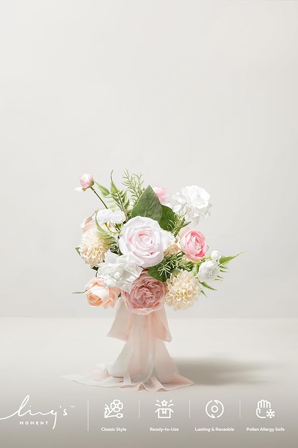 Ling's moment Wedding Artificial Flowers Package, Bridal Bouquet, Bridesmaid Bouquets, Boutonniere for Men, Rose Petals.Blush Pink
