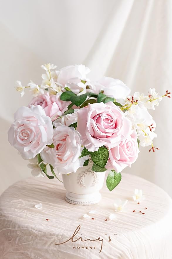 Ling's Moment Artificial Flowers 16pcs Blush Pink Silk Roses with Stems Real Look, 3.5" Fake Ombre Slate Pink Vendela Roses Bulk for DIY Wedding Bouquets Centerpieces Party Baby Shower Home Decoration