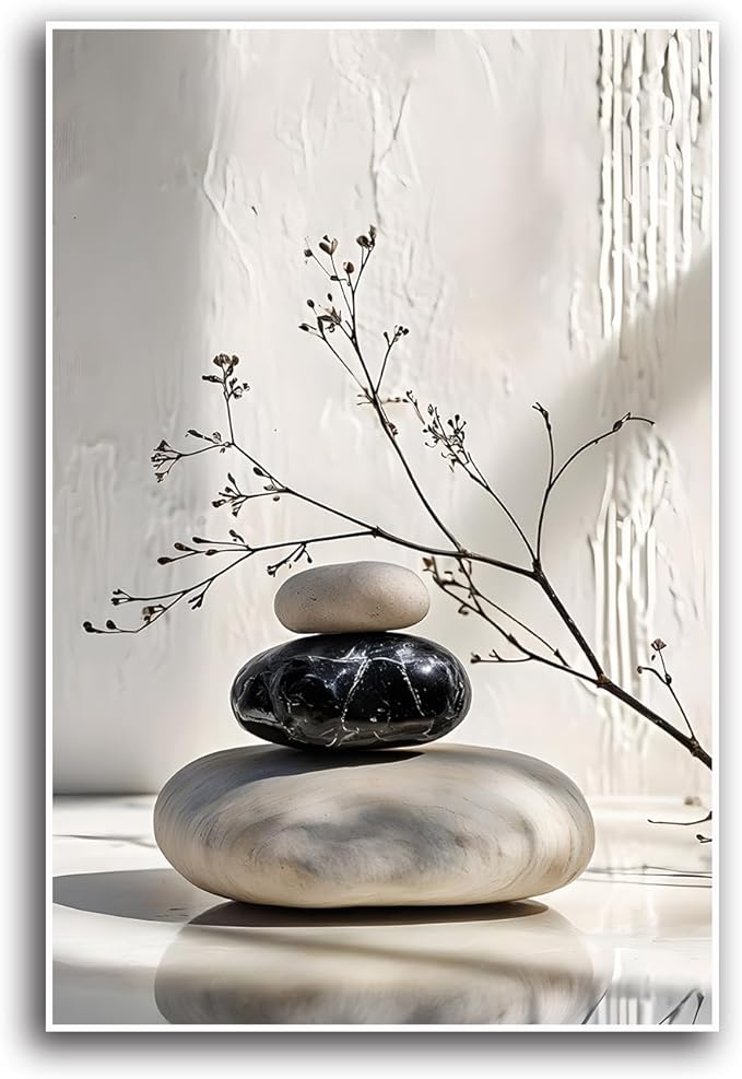 Gray and black stone pile and dried flowers poster canvas wall art in harmony Minimalist wall art for tranquil homes and mindful spaces 32x48in Frameless