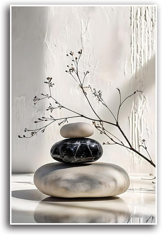 Gray and black stone pile and dried flowers poster canvas wall art in harmony Minimalist wall art for tranquil homes and mindful spaces 24x36in Frameless