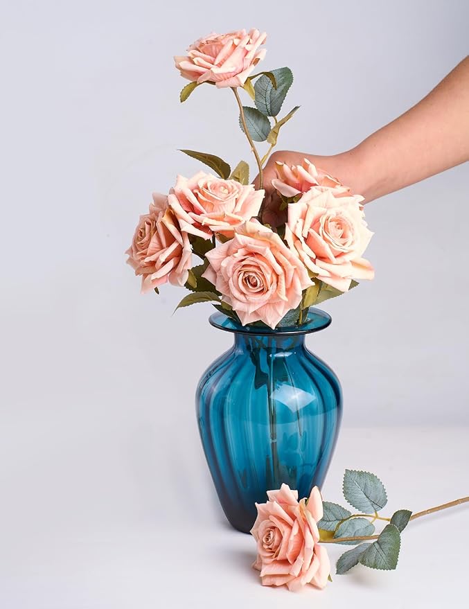 3.1"(8cm) Manta Rose Artificial Flower 7pcs Realistic Faux Silk Roses Fake Flowers Bouquets Arrangements Decor for Wedding Spring Mother's Day, Home Table Decorations, Light Pink Flower