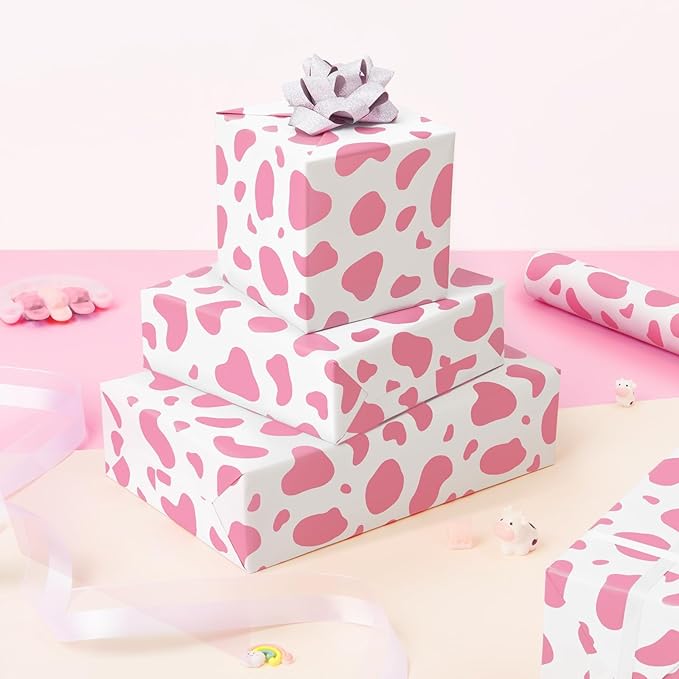 WERNNSAI Pink Cow Wrapping Paper Roll - 1 Roll 17”x 16.4ft Cow Print Gift Wrap Paper Farm Animal Gift Packing Roll for Kids Girls Baby Shower Birthday