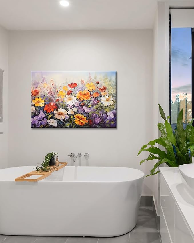 GLOKAKA Flowers Wall Art Colorful Landscape Lush Wildflowers Painting Print on Canvas Purple Yellow Floral Daisy Flower Picture for Home Bedroom Office Decor (Lush Flowers, 24"x16")
