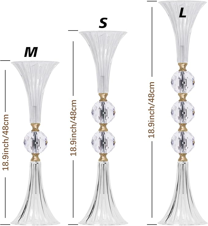 VIJIV Crystal Acrylic Trumpet Vase for Wedding Centerpieces & Home Decor - 18.9" Clear Flower Stand with Ribbed Texture, Gold Accents, Table/Floor Vase for Events, Bridal Showers & Boho Weddings