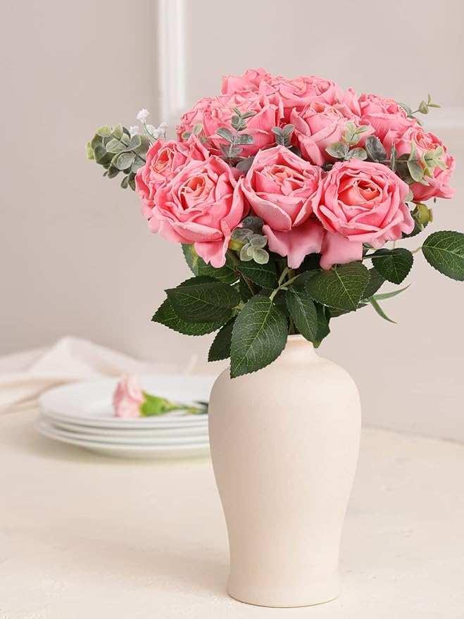 IPOPU Pink Roses Artificial Flowers 12PCS Pink Fake Roses Dried Silk Flowers with Single Stems Faux Rose Realistic Pink Flower Centerpieces for Tables Wedding Bouquet Floral Arrangements