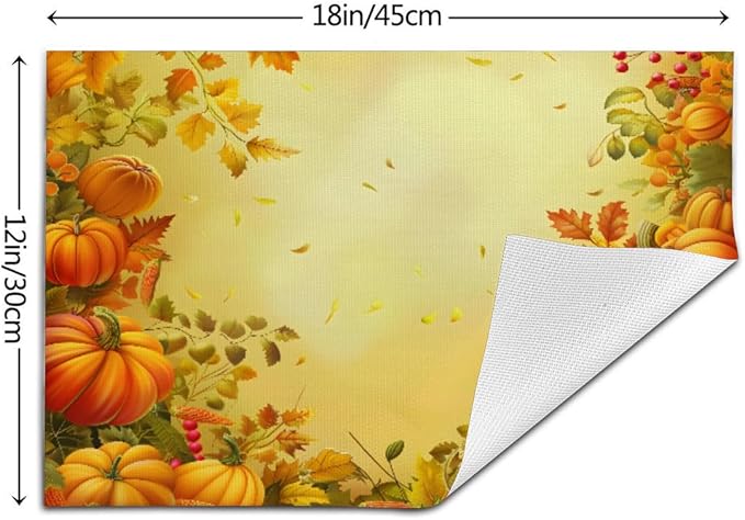 PVC Placemats Set of 4 Wipeable Table Mats Washable Heat Resistant Non Slip Vinyl Dining Table Mat for Kitchen Indoor Outdoor Patio Farmhouse Place Mats Thanksgiving Pumpkin Leaf Decorative