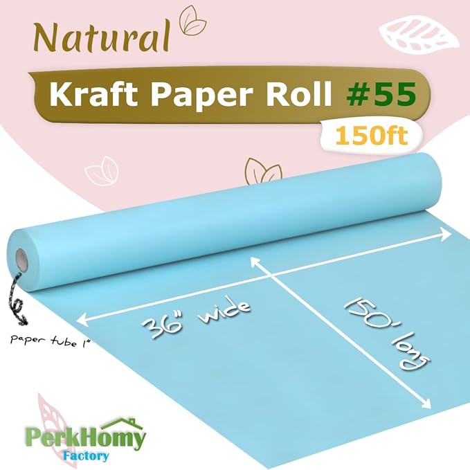 PerkHomy Light Blue Kraft Paper Roll 36" x 1,800" (150') for Gift Wrapping Bouquet Flower Art Painting Craft Writing Packaging Shipping 80GSM 55LB (Light Blue, 36" x 150')