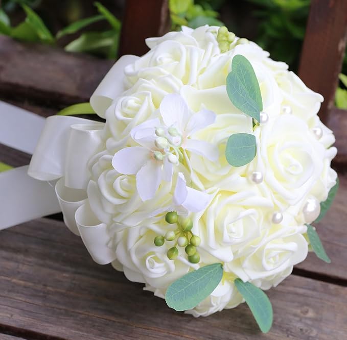 Lightweight Bridal Wedding Bouquet Round Holding Bouquet Throw Toss Artificial Rose Flower Bunch for Bride Bridesmaid Wedding Quinceanera (Cream, 6.7")