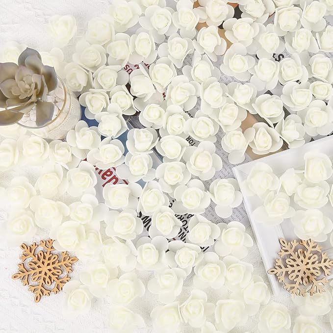 500pcs Mini Foam Rose Heads, Ivory Artificial Flower Foam Fake Flower Bulk for DIY Crafts Wedding Bouquets Baby Shower Centerpieces Floral Arrangements Party Tables Home Decorations(Ivory)