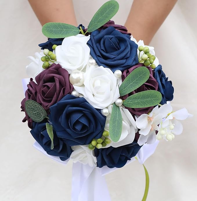 Lightweight Bridal Wedding Bouquet Round Holding Bouquet Throw Toss Artificial Rose Flower Bunch for Bride Bridesmaid Wedding Quinceanera (White, Navy & Dark Puce, 6.7")
