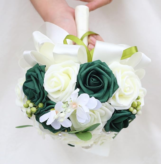 Lightweight Bridal Wedding Bouquet Round Holding Bouquet Throw Toss Artificial Rose Flower Bunch for Bride Bridesmaid Wedding Quinceanera (Cream & Dark Green, 6.7")