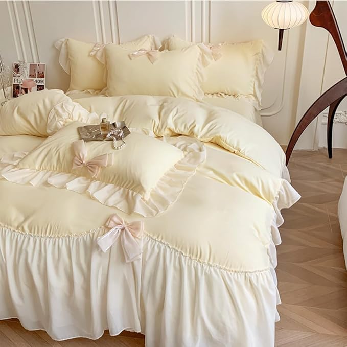 Lace Ruffled Bedding Bow Duvet Cover Set with Butterfly Tie, Soft Brushed Microfiber Shabby Chic Bedding Set with Zipper Closure-Yellow,Queen Size