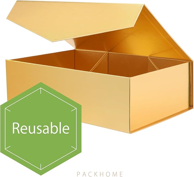 PACKHOME Large Christmas Gift Box with Lid 13.5x9x4.1 Inches, Sturdy Collapsible Gift Box with Magnetic Closure for Xmas (Glossy Gold)