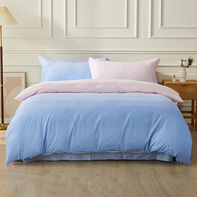 SAPHREAS King Size Duvet Cover Blue Pink Gradient Bedding Set with 8 Corner Ties and 2 Pillow Sham Microfiber Reversible Duvet Cover Set with Zipper Closure
