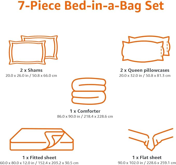 Amazon Basics Full/Queen Comforter Set with Herringbone Sheets, 7-Piece Gray Leaf Bedding, Lightweight Microfiber Bed-in-a-Bag