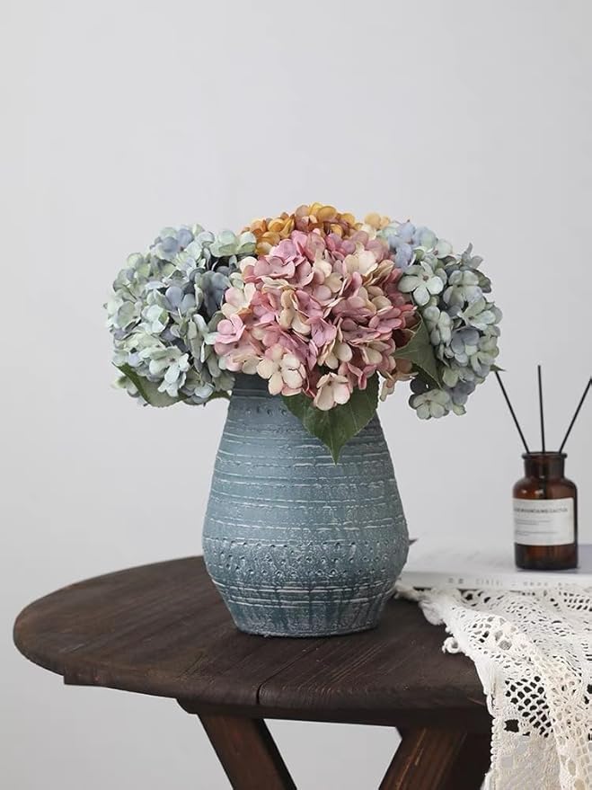 Kimura's Cabin 6pcs Artificial Silk Hydrangea Flowers Vintage Fake Bouquets Faux Hydrangeas Flower with Stems for Wedding Party Autumn Farmhouse Home Table Core Decoration (Deep Lake Blue)