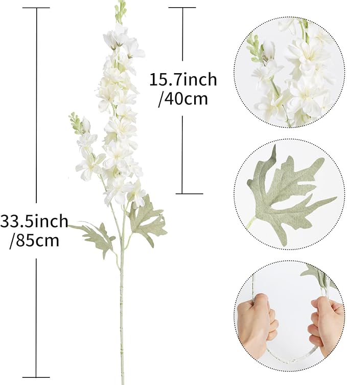 8PCS White Delphinium Artificial Flowers Larkspur Fake Flowers 33.5in Long Stem Faux Silk Flowers Bulk for Tall Vase for Home Wedding Floral Arrangement Centerpiece Table Decorations (White)