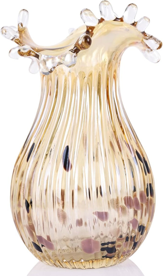 DOVDOV Hand Blown Amber Glass Art Deco Vase, Unique Wide Mouth Table Centerpiece, Perfect for Home Decor, Wedding, Engagement, or Housewarming