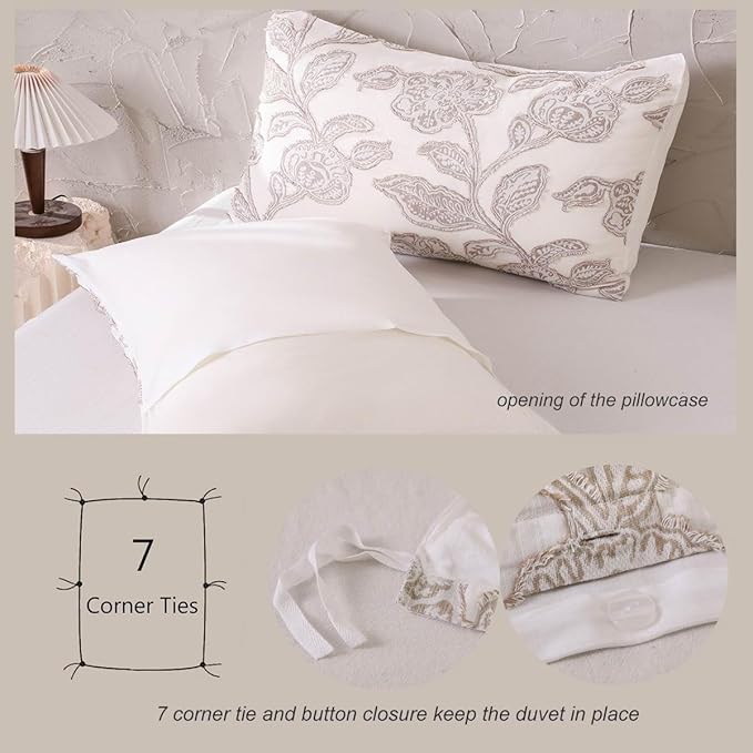 meadow park Cotton Clipped Jacquard Duvet Cover Set Twin, 2 Pieces Jacobean Floral Bedding Set (Taupe, Twin)