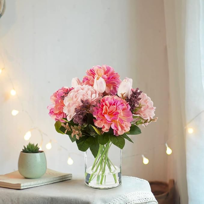 ENOVA FLORAL Tulip Real Touch Artificial Flower Arrangement with Vase, Mixed Dahlia Silk Flower in Vase for Dining Table Decorations, Wedding Centerpiece (Pink)