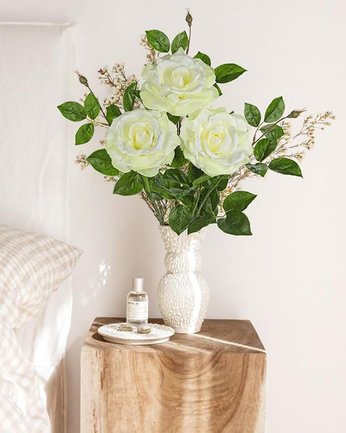 Hollyone 3Pcs White Roses Artificial Flowers Bouquets 26.3" Rose Fake Flower Arrangements Silk Flowers with Long Stem Floral Branch Faux Roses Flowers for DIY Wedding Table Centerpieces Home Decor