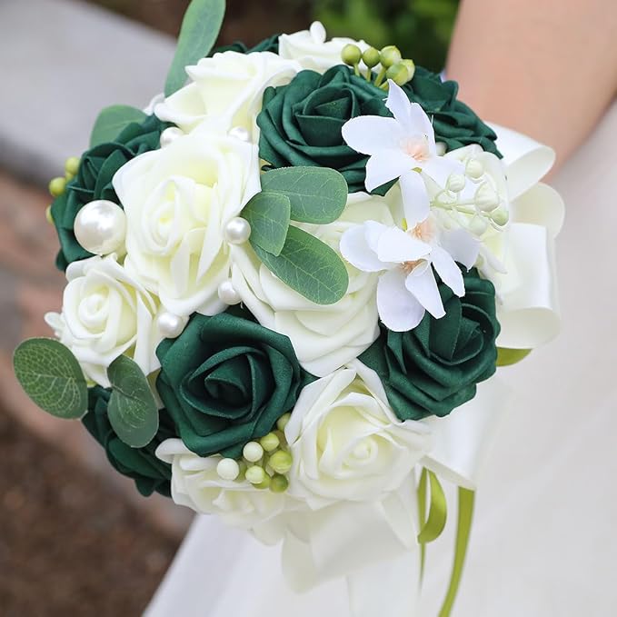 Lightweight Bridal Wedding Bouquet Round Holding Bouquet Throw Toss Artificial Rose Flower Bunch for Bride Bridesmaid Wedding Quinceanera (Cream & Dark Green, 6.7")
