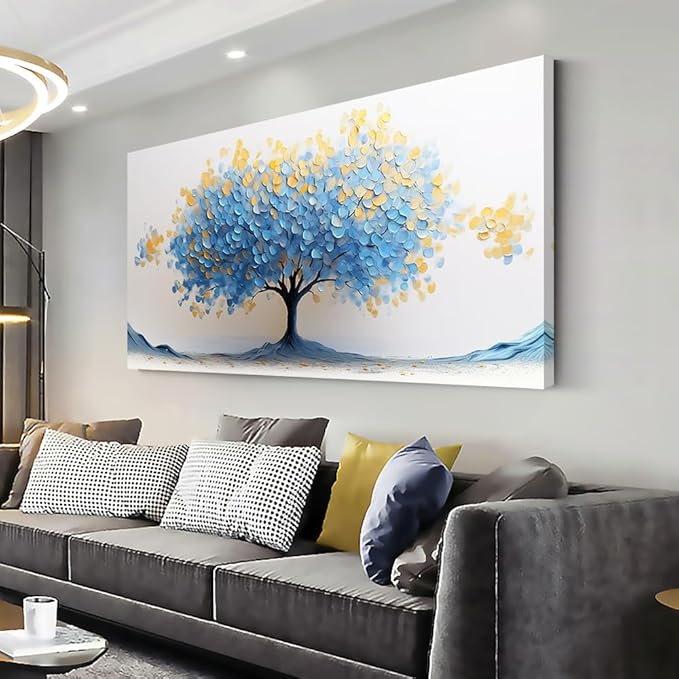 LAVIKARS Modern Tree of Life Wall Art for Living Room Office Navy Blue and Yellow Floral Abstract Landscape Canvas Painting Prints Large Nature Artwork Home Kitchen Bedroom Decor (16x30 Inches)