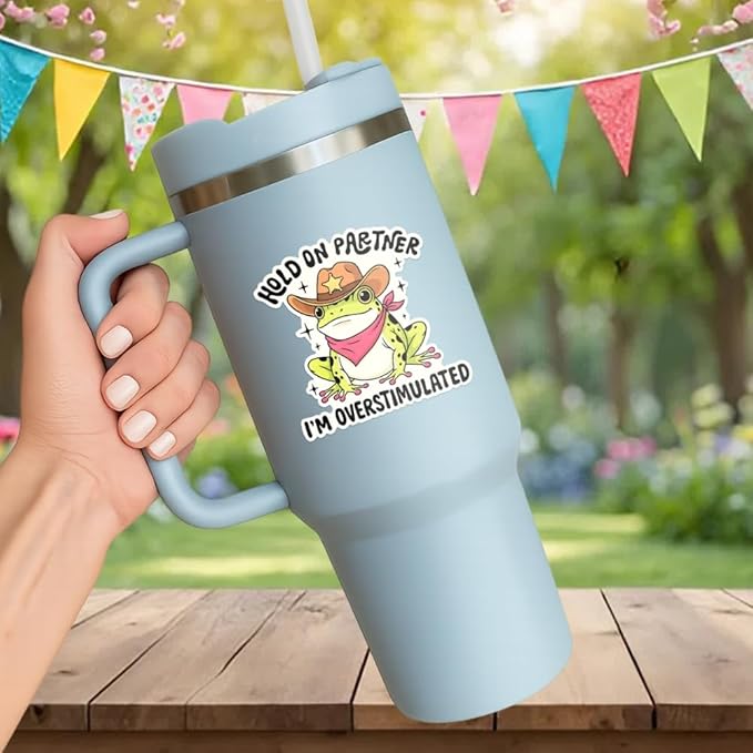 HANDICHI Design 5-Pack 6 Inch Hold On Partner I’m Overstimulated Stickers – Funny Meme Vinyl Decals for Water Bottles, Laptops, Journals, Scrapbooks – Sarcastic Gift for Frog Lovers