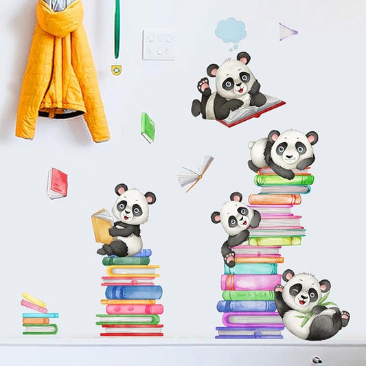 Panda Wall Decals Animals Reading Books Wall Stickers for Baby Nursery Kids Bedroom Classroom Wall Decorations