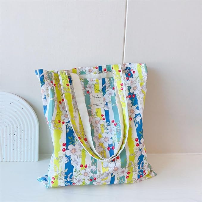 Cotton Canvas Tote Bag Reusable Soft Grocery Cloth Bag Floral Shoulder Bag for Beach Travel Shopping