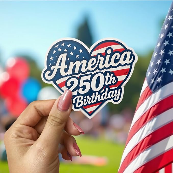 HANDICHI Design 5-Pack 3 Inch America 250th Birthday Stickers – Patriotic Heart-Shaped USA Flag Vinyl Decals – Waterproof 1776–2026 Independence Day Stickers for USA 250th Anniversary Celebration