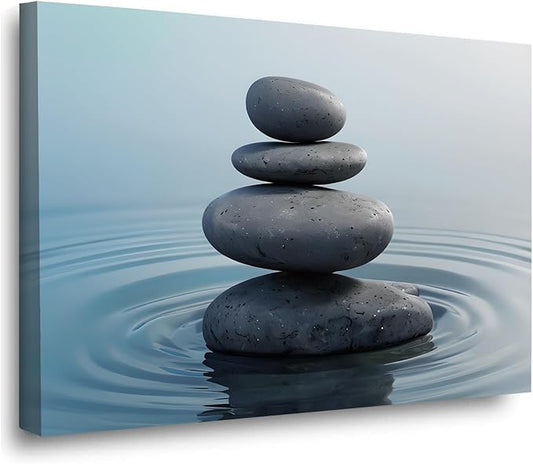Zen wall art Harmonious grey stones stacked on a calm surface of water Serene Zen decor suitable for tranquil homes and spaces of meditation 12x18in Wood Framed