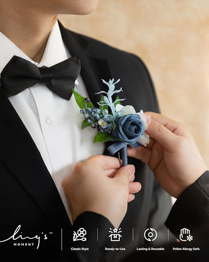 Ling's moment Boutonniere for Men, 6pcs Groom Groomsmen Boutonniere, Artificial Flowers for Wedding Decor/Prom/Homecoming, etc.Dusty Blue Light Blue
