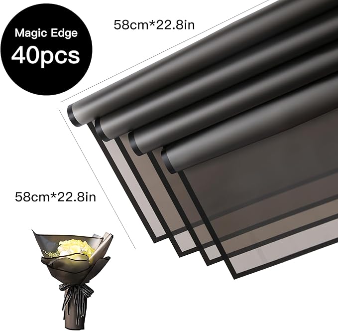 HYSSINOWRAP40 sheet .flower wrapping paper.Flower packaging bouquet wrapping paper.KoreanFlorist Supplies, 22.8 * 22.8 inches (BLACK-40)